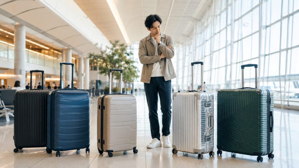 空港で複数の大型スーツケースを比較する日本人旅行者