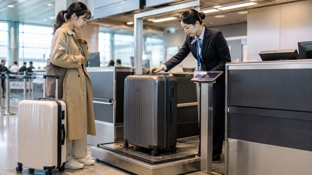 空港のチェックインカウンターで預け荷物用スーツケースの重量とサイズを確認する日本人旅行者
