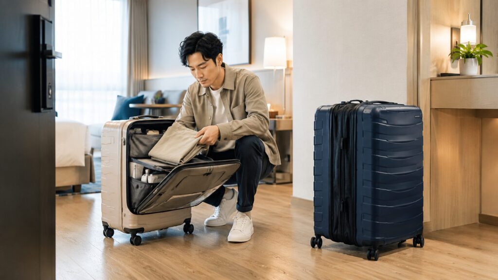 前開き型と拡張型の大型スーツケースを使う日本人旅行者
