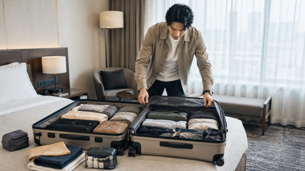 大型スーツケースに衣類を整理して詰める日本人旅行者