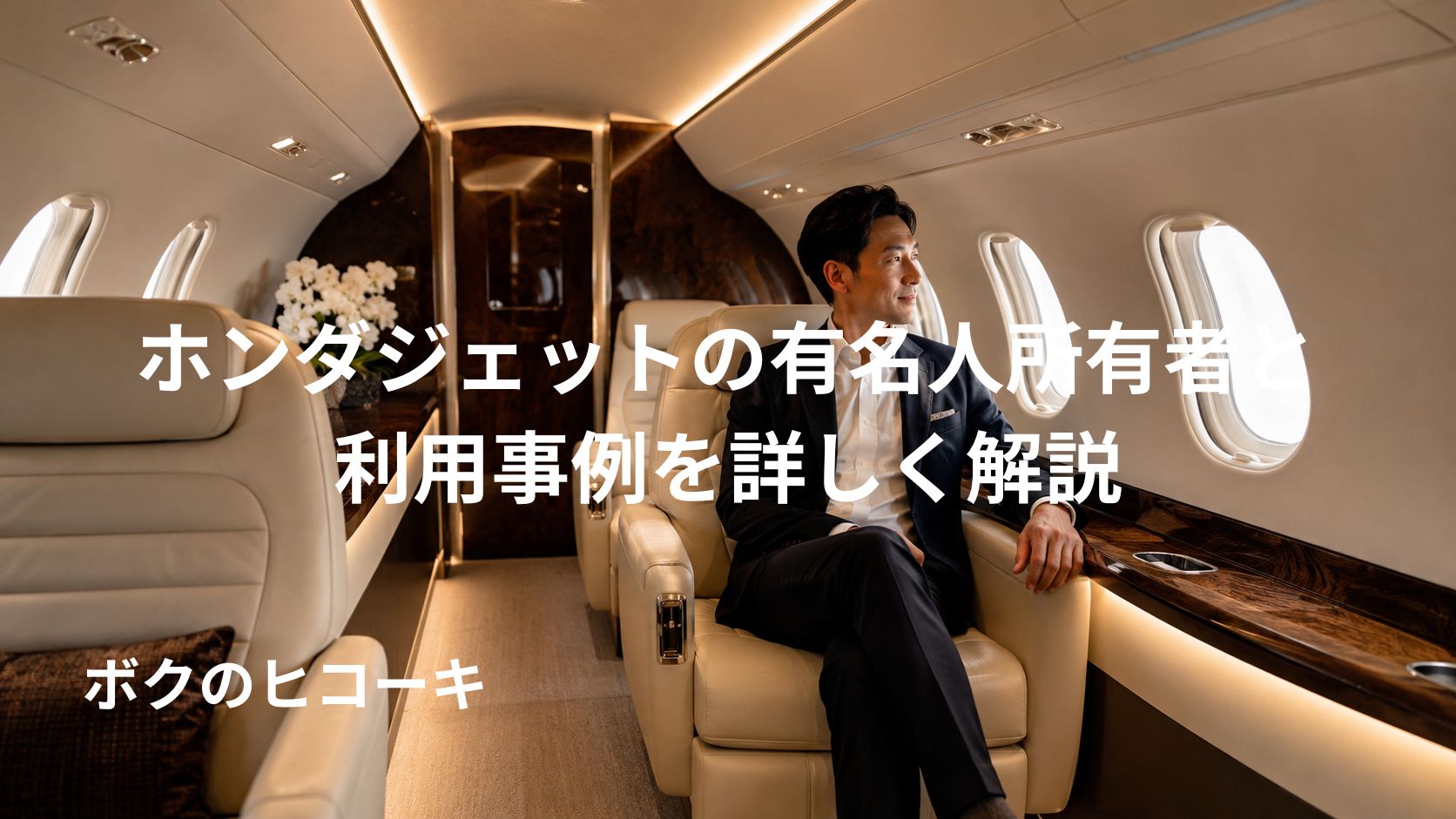 小型ビジネスジェットの高級キャビンでくつろぐ日本人ビジネス客