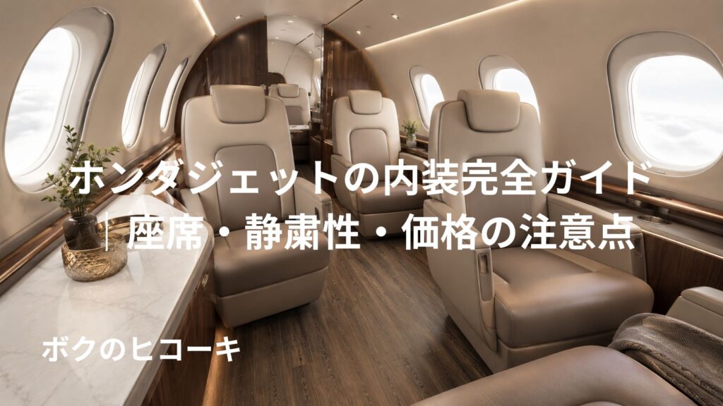 ホンダジェットのOnyx内装をイメージしたグレージュのレザーシートと木目仕上げ