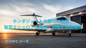 ホンダジェット大型化をイメージした新型ビジネスジェットが格納庫前に駐機する朝の空港
