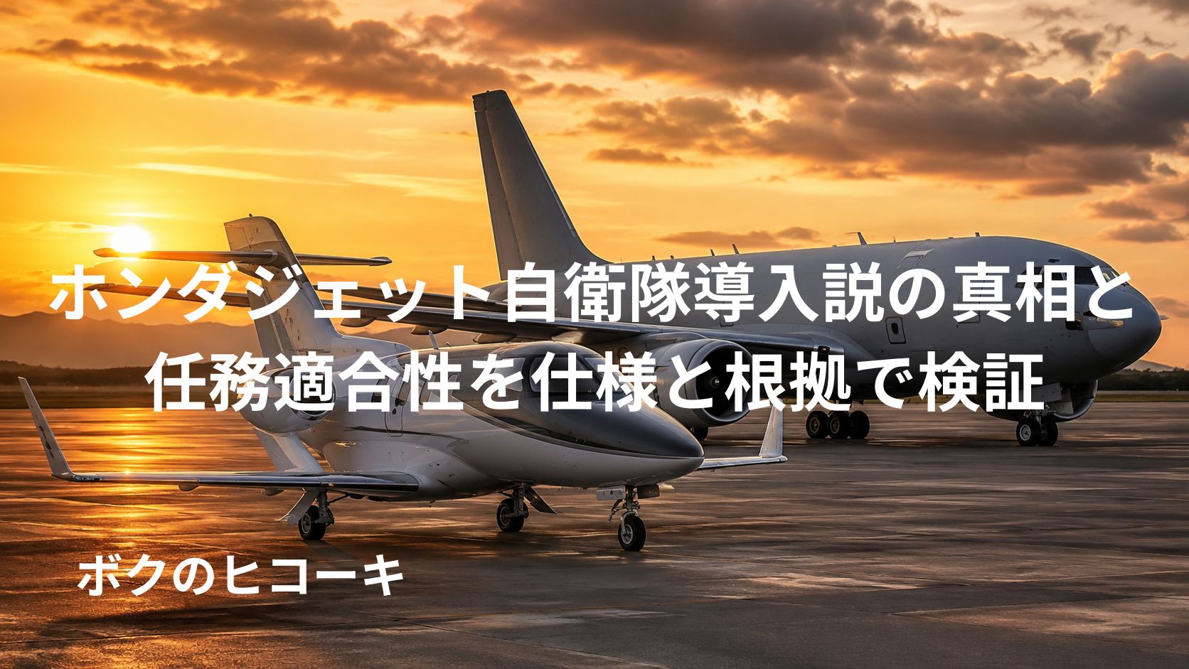夕日の滑走路でホンダジェット風小型機と大型支援機を並べて自衛隊導入の可能性を示すイメージ画像