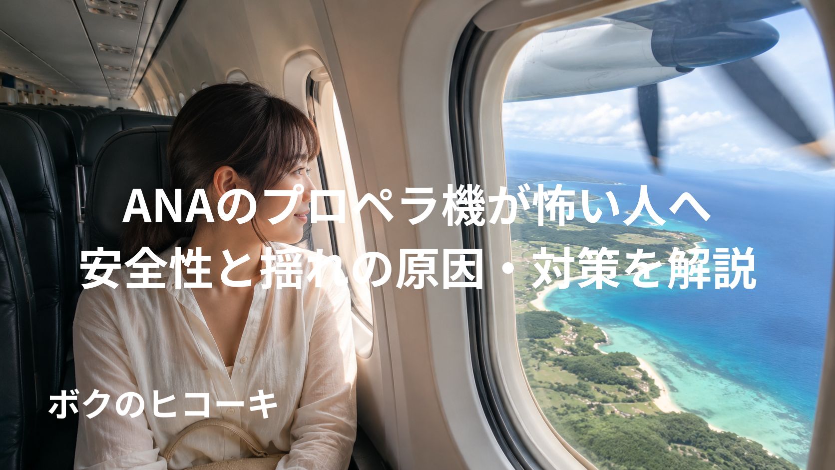Q400の機内でプロペラを眺める不安そうな日本人乗客