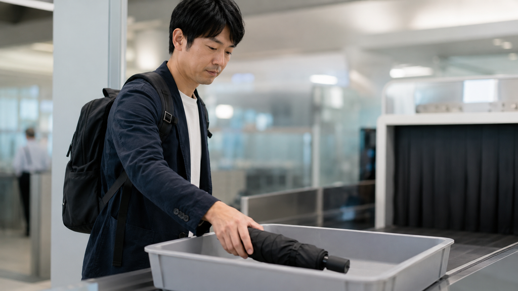 空港の保安検査で折り畳み傘を検査トレーに出す日本人旅行者