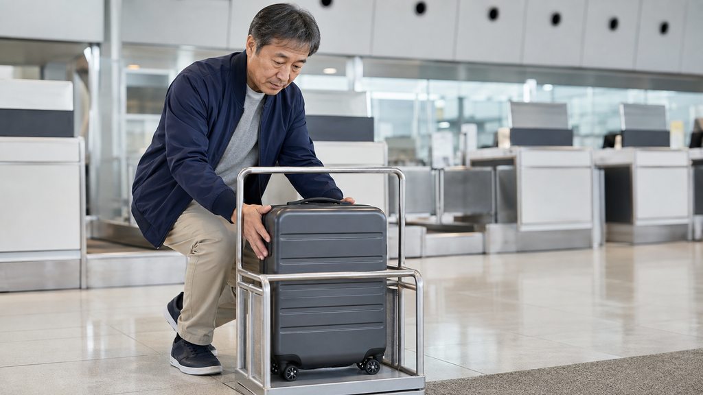 空港で機内持ち込みスーツケースのサイズを確認する日本人旅行者