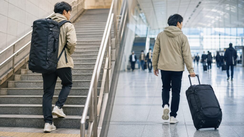 海外旅行でリュック式とキャスター付きボストンバッグを使い分ける日本人旅行者
