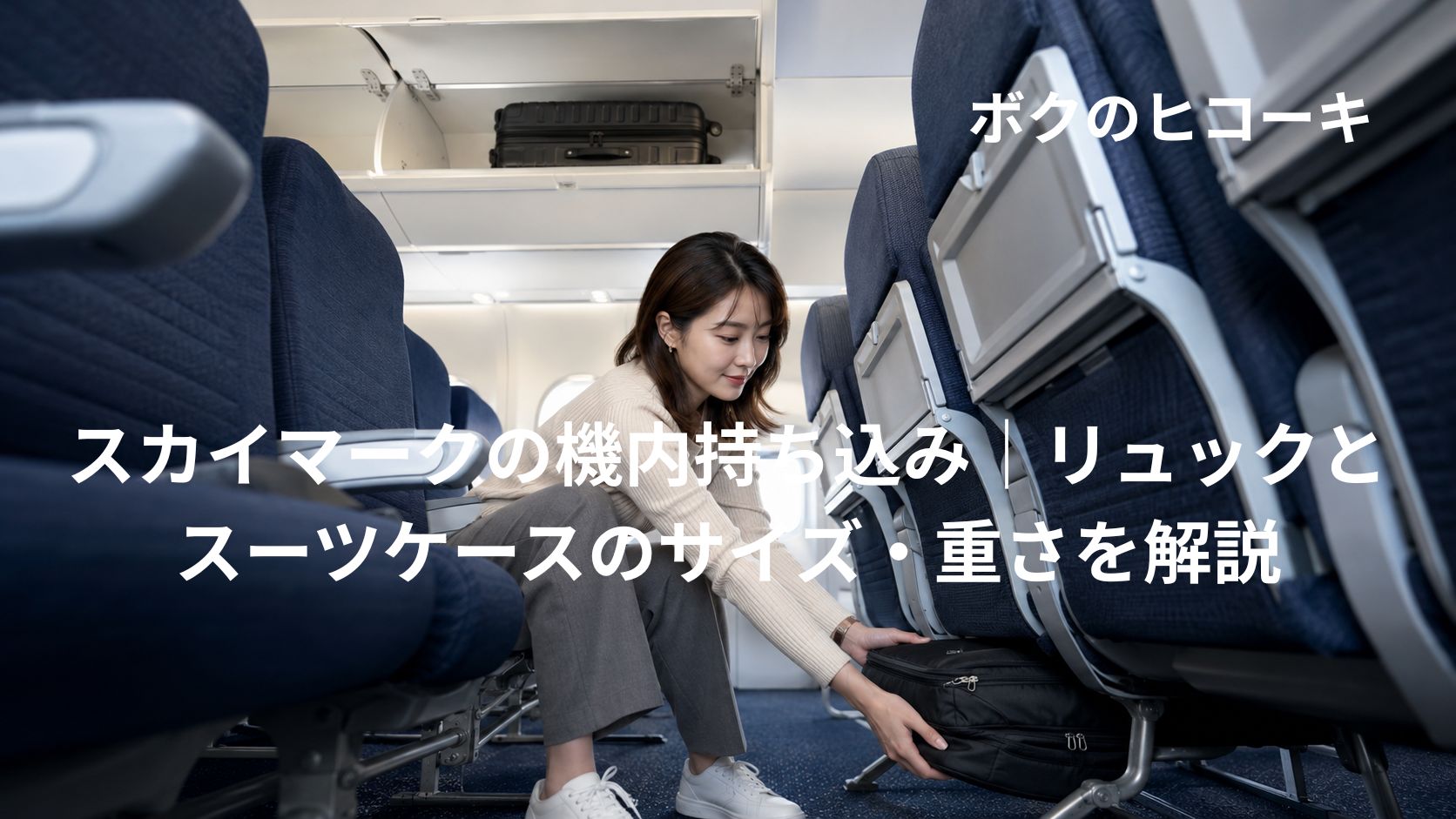 機内持ち込みスーツケースを頭上棚に入れ小型リュックを前席下へ収納する日本人旅行者