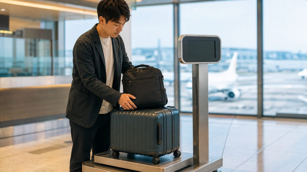 機内持ち込みスーツケースとリュックの合計重量を確認する日本人旅行者