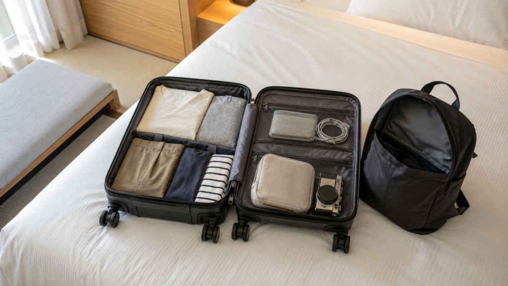 短期旅行の荷物を整理したピーチ機内持ち込み用スーツケース