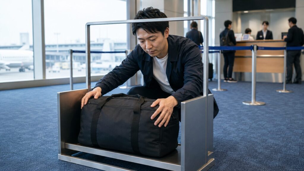 空港の手荷物サイズ確認枠でボストンバッグの機内持ち込みサイズを測る日本人男性
