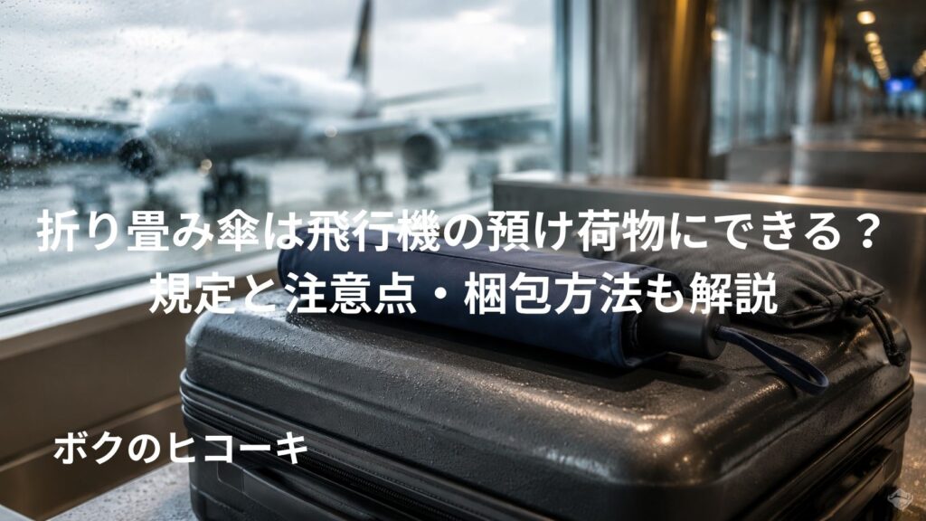 飛行機で預けるスーツケースと防水収納した折り畳み傘