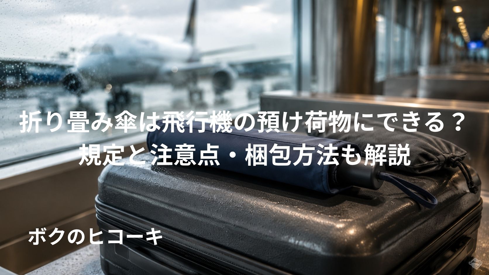 飛行機で預けるスーツケースと防水収納した折り畳み傘