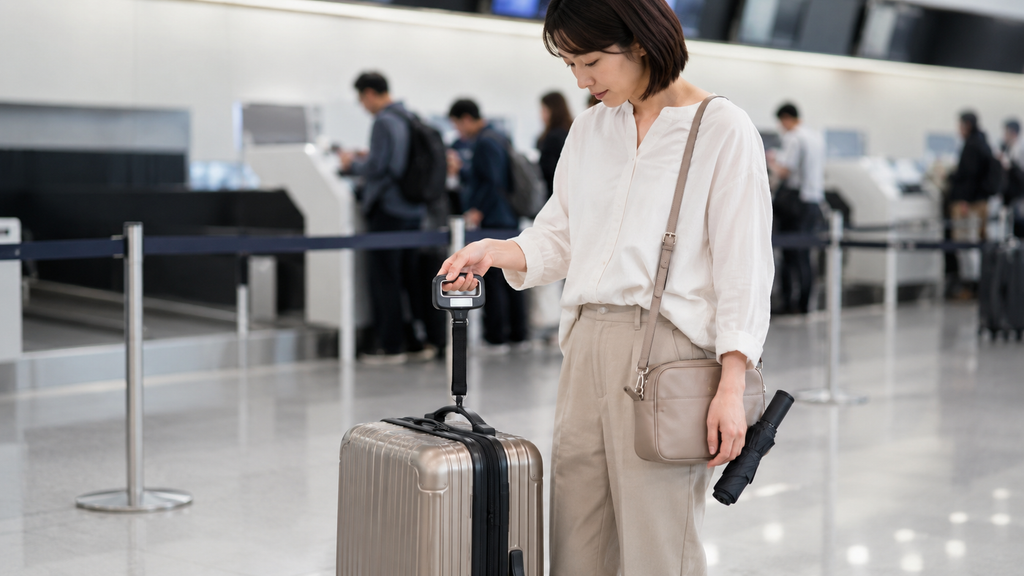 空港で折り畳み傘を含む機内持ち込み荷物の重量を確認する日本人旅行者