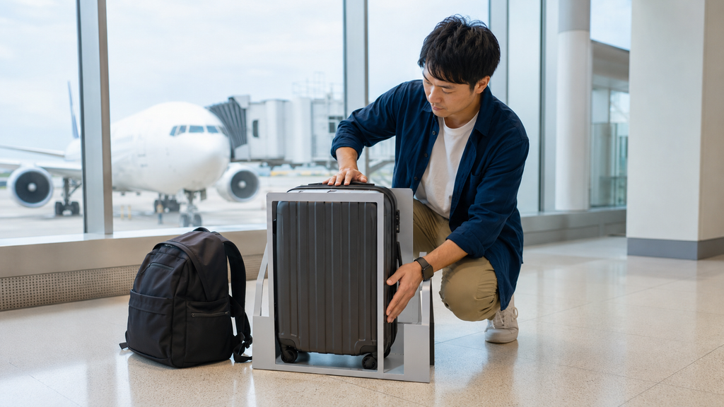 JALの機内持ち込みスーツケースのサイズを空港で確認する日本人旅行者