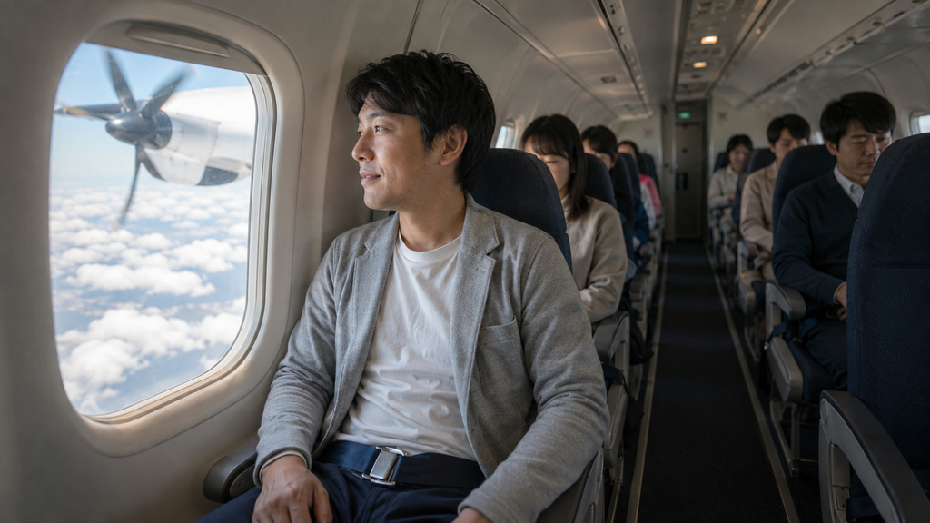 プロペラ機内で落ち着いて過ごす日本人乗客