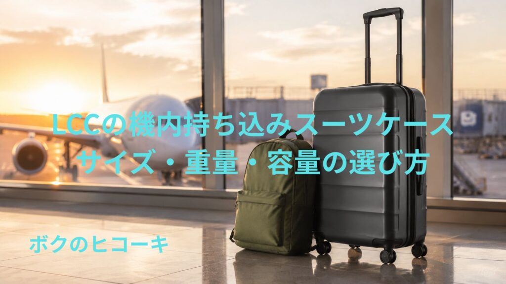 LCCの機内持ち込み用スーツケースとリュックを空港に並べた様子