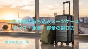 LCCの機内持ち込み用スーツケースとリュックを空港に並べた様子