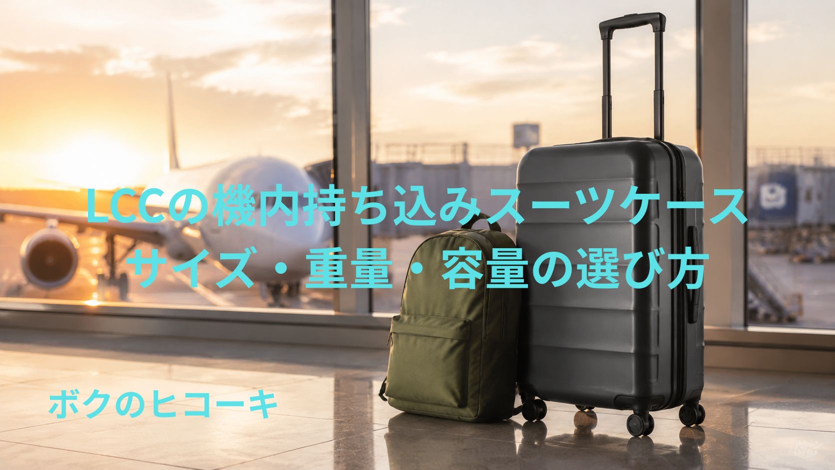 LCCの機内持ち込み用スーツケースとリュックを空港に並べた様子