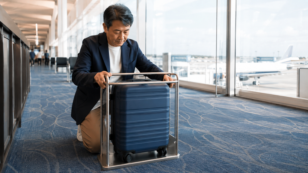LCC機内持ち込みスーツケースを空港のサイズ確認枠で測る日本人男性
