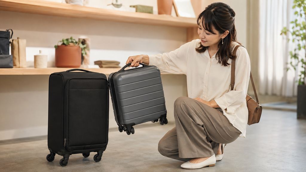 LCC向けの軽量機内持ち込みスーツケースを比較する日本人女性