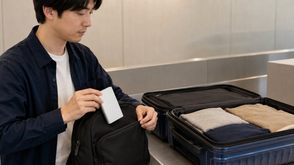 預けるスーツケースからモバイルバッテリーを取り出してリュックへ移す日本人旅行者