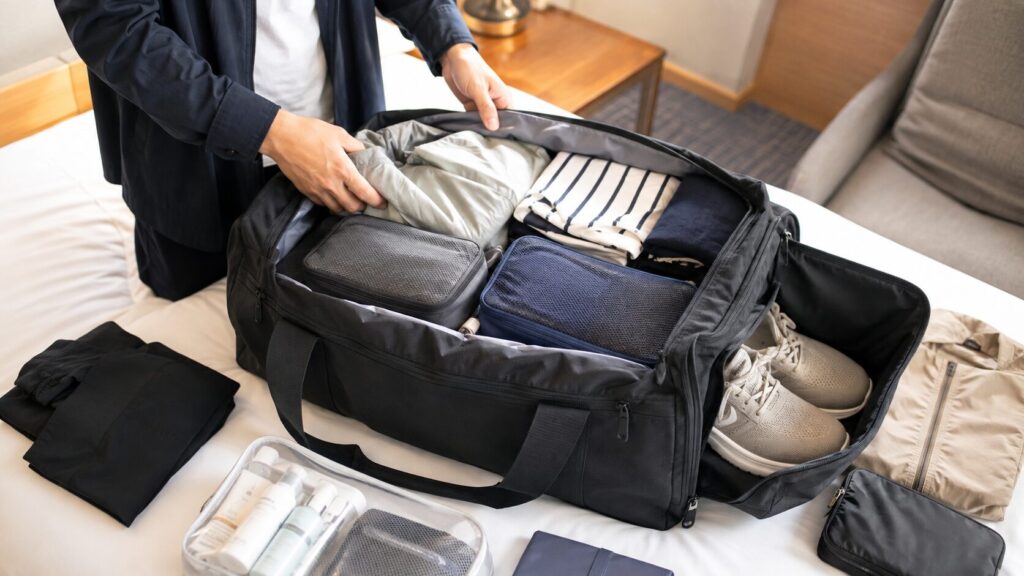 海外旅行用ボストンバッグに衣類や靴を整理して収納するパッキング例