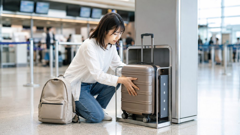 ピーチの機内持ち込みサイズに収まるかスーツケースを確認する日本人女性