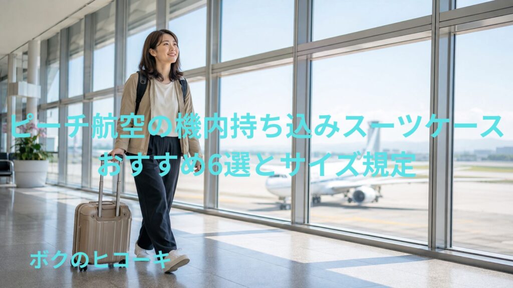ピーチ機内持ち込み用スーツケースを引いて空港を歩く日本人女性