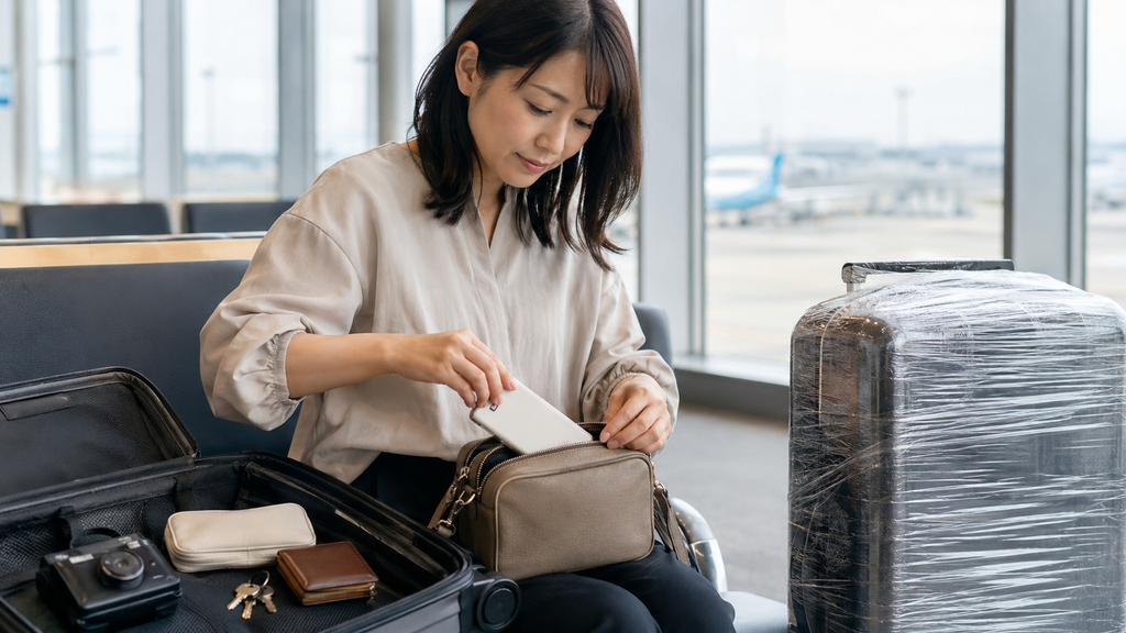 預け荷物からモバイルバッテリーや貴重品を取り出す日本人旅行者
