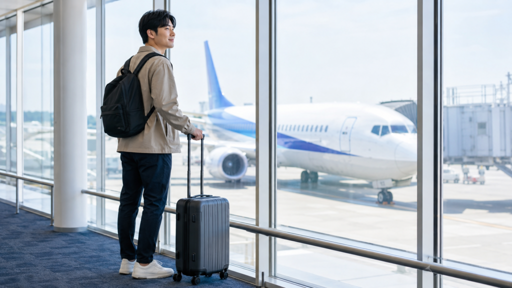 スカイマーク搭乗前に小型リュックと機内持ち込みスーツケースを準備する日本人旅行者