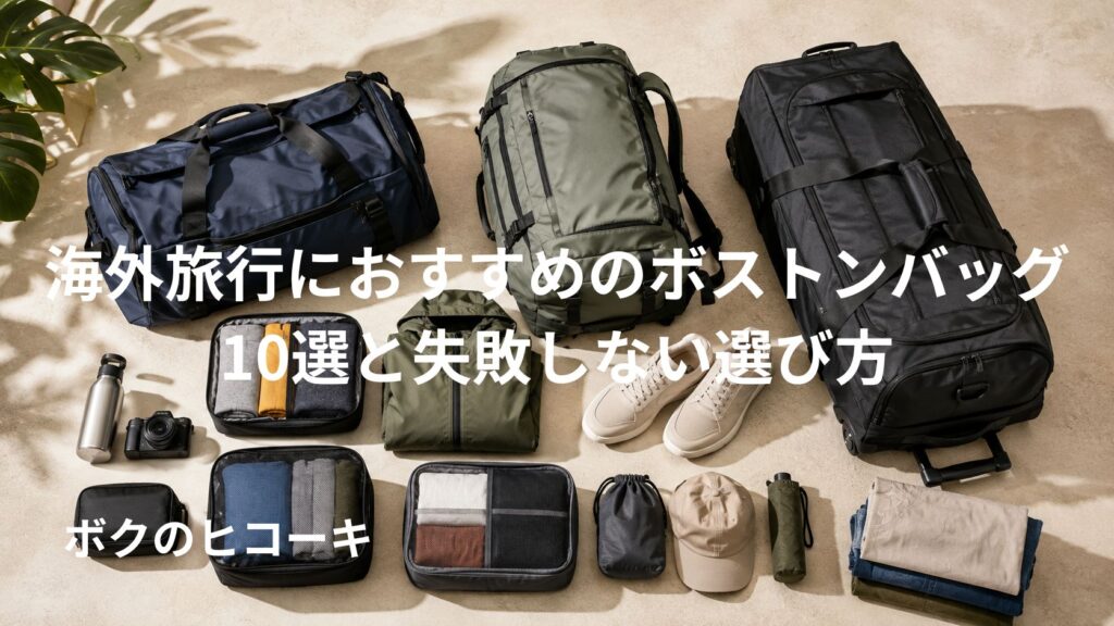 海外旅行向けボストンバッグと衣類や旅行用品を並べた比較イメージ