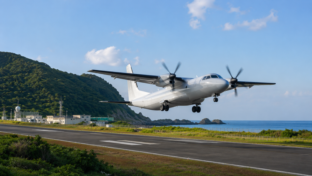 離島空港の短い滑走路から離陸するプロペラ機