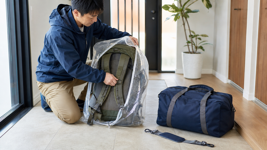 預け荷物のリュックを厚手の透明カバーで包む日本人旅行者