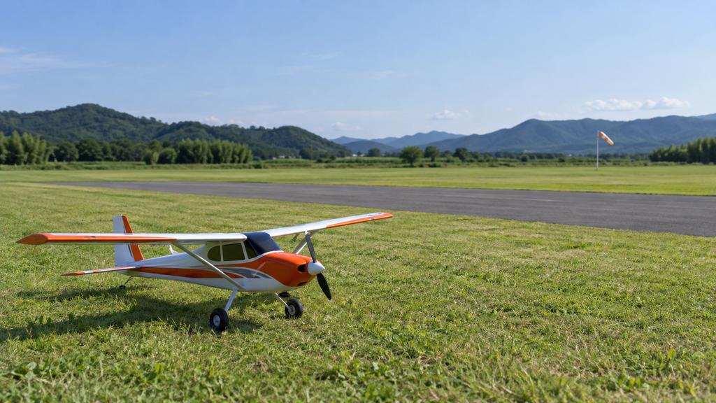 専用飛行場の滑走路脇に置かれたオレンジと白のラジコン飛行機