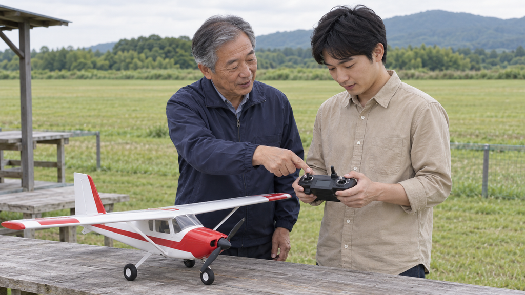 ラジコン飛行場で初心者に送信機の操作を説明する指導者