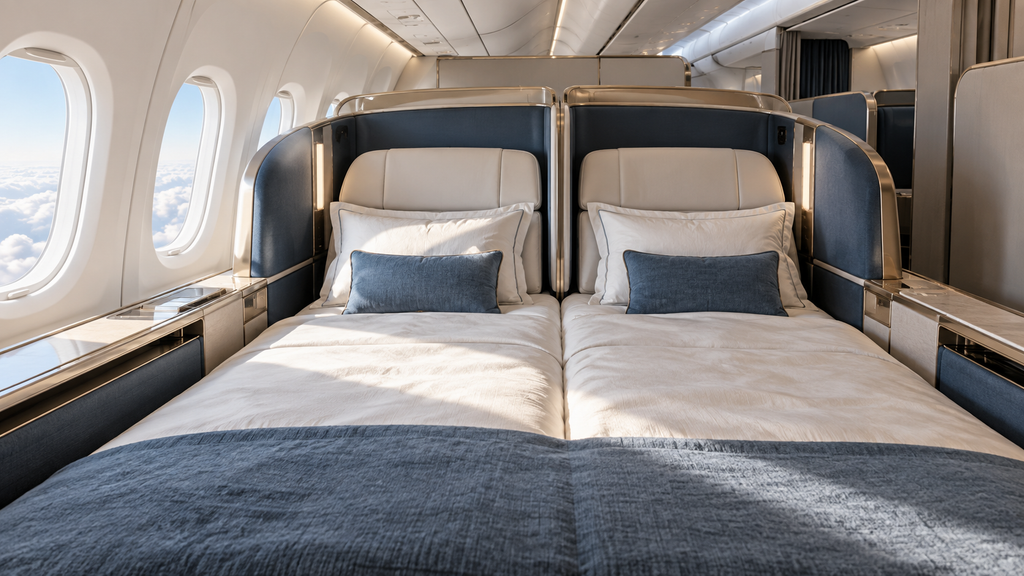 仕切りを開いた飛行機の二人用スイートと並んだベッド