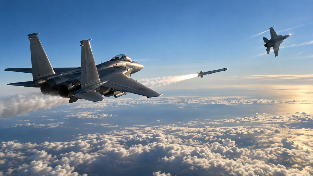 長距離空対空ミサイルを発射する戦闘機と回避する目標機