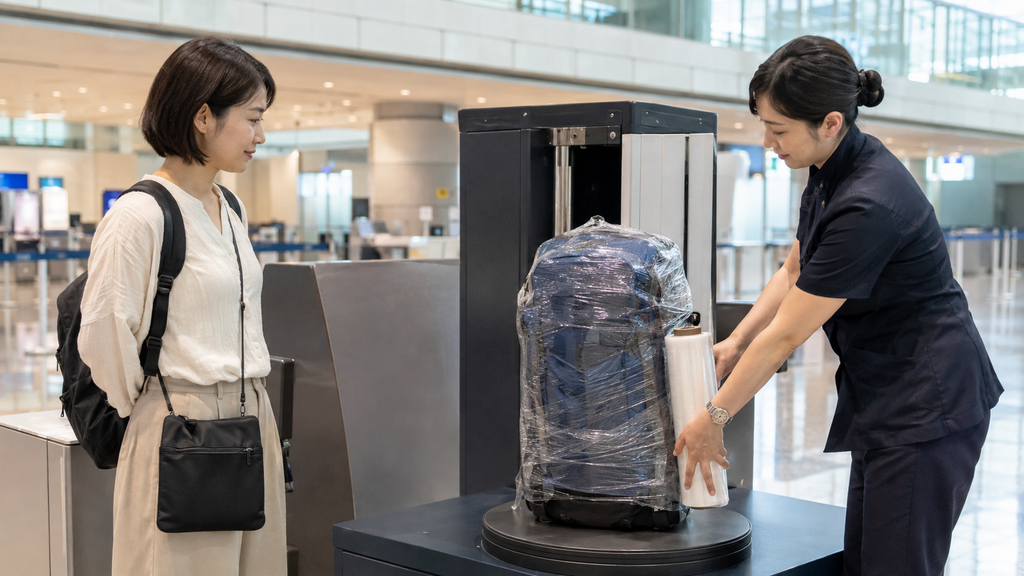 空港でバックパックをストレッチフィルム包装する日本人旅行者