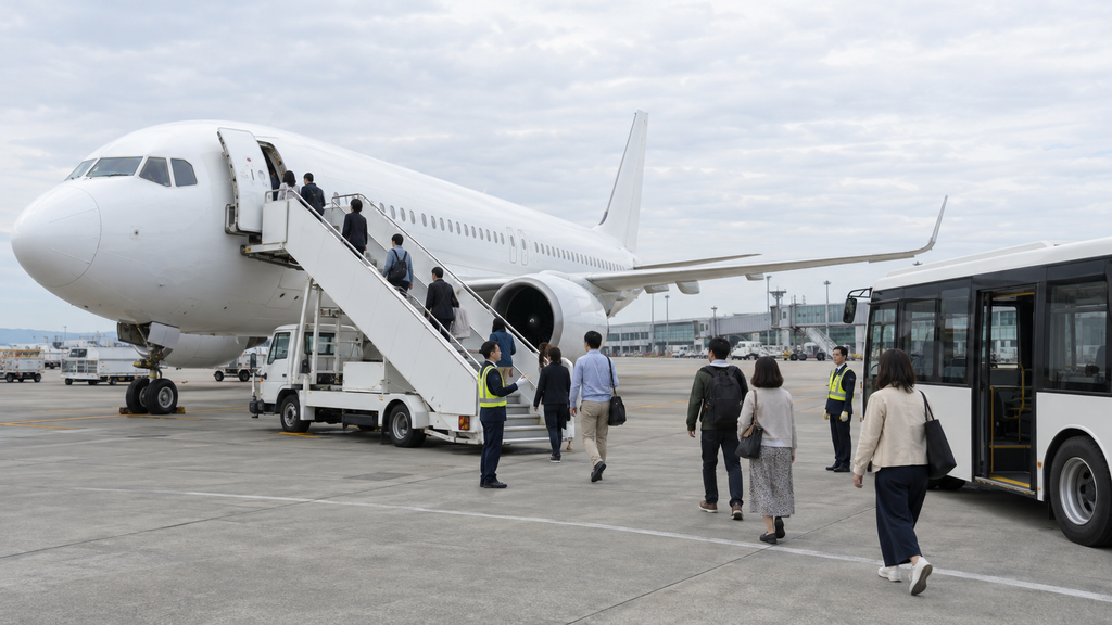 バスで駐機場へ移動しタラップから旅客機に乗る乗客