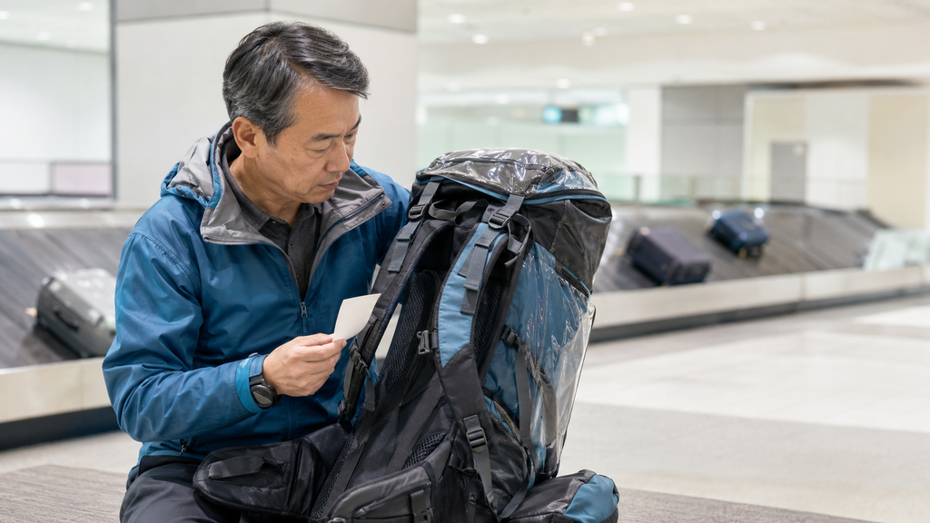 到着空港でビニールカバー付きバックパックの破損を確認する日本人男性
