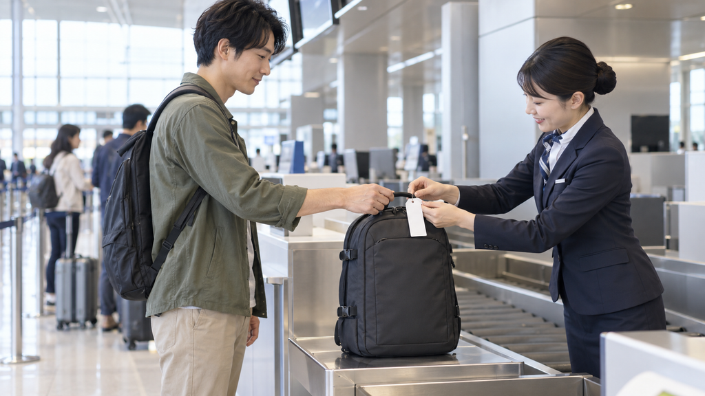 飛行機の預け荷物としてリュックを空港で預ける日本人旅行者
