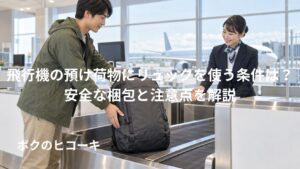 飛行機の預け荷物としてリュックを空港カウンターで預ける日本人旅行者