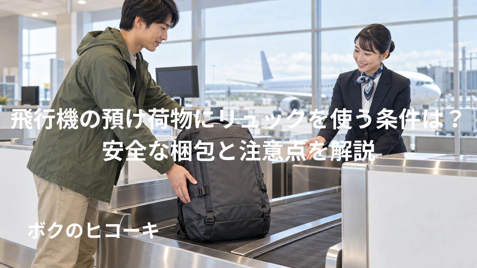 飛行機の預け荷物としてリュックを空港カウンターで預ける日本人旅行者