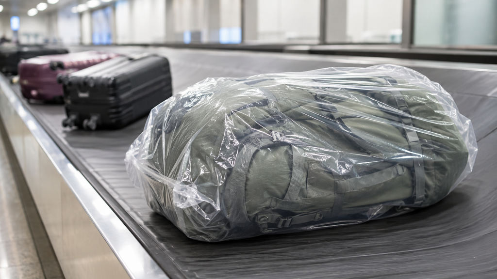 バックパックの預け荷物を丈夫なビニール袋で保護した空港搬送