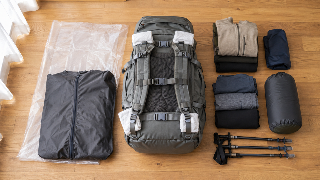 預け荷物用バックパックのストラップと登山用品を梱包する準備