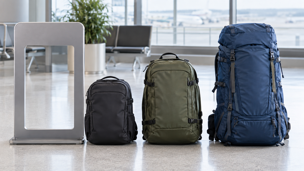 飛行機の機内持ち込みサイズを比較する容量の異なる3種類のリュック