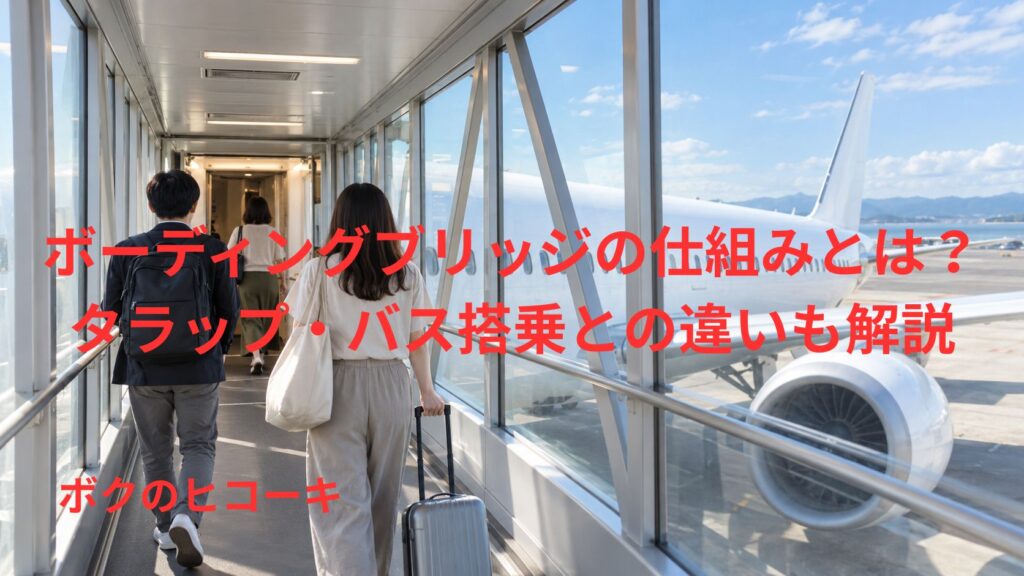 ボーディングブリッジを歩いて旅客機へ向かう乗客