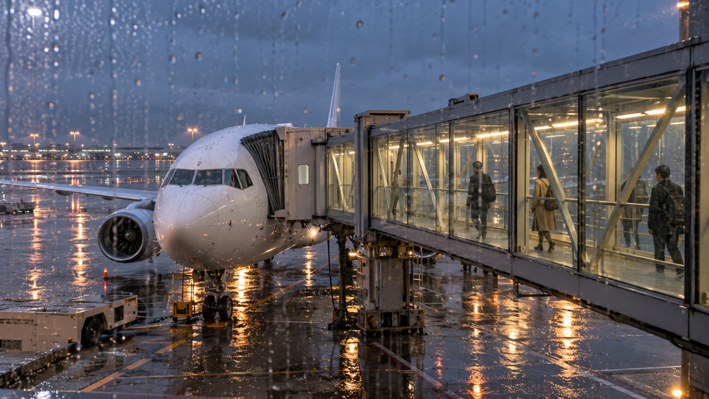 雨の駐機場で旅客機につながるガラス張りのボーディングブリッジ
